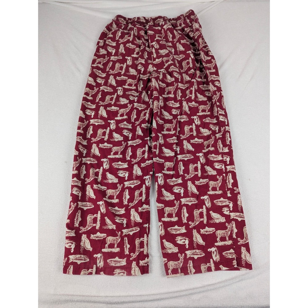 LL Bean Mens Pajama Pants Red Cotton Wildlife Print Deer Fish Lounge LG REG - Picture 2 of 12